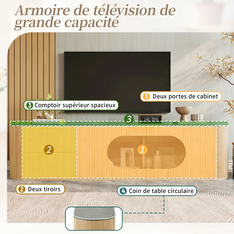 Meuble TV ovale contemporain effet bois naturel et béton gris avec vitrine 172x38x45,5 cm CASCADEPULSE
