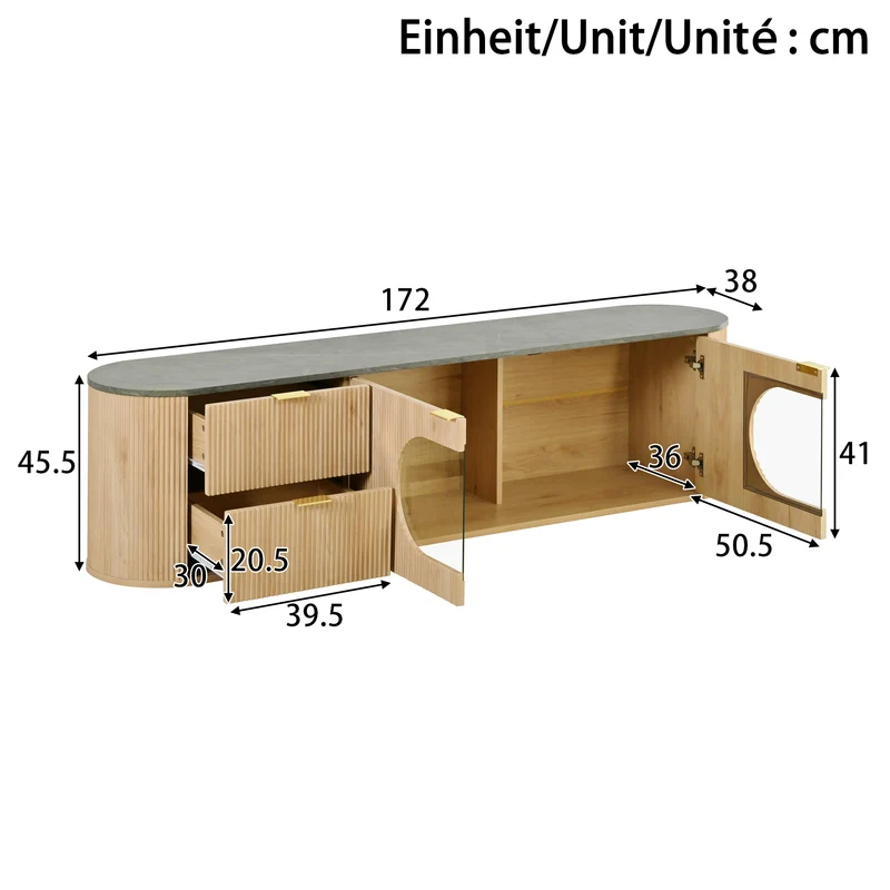 Meuble TV ovale contemporain effet bois naturel et béton gris avec vitrine 172x38x45,5 cm CASCADEPULSE