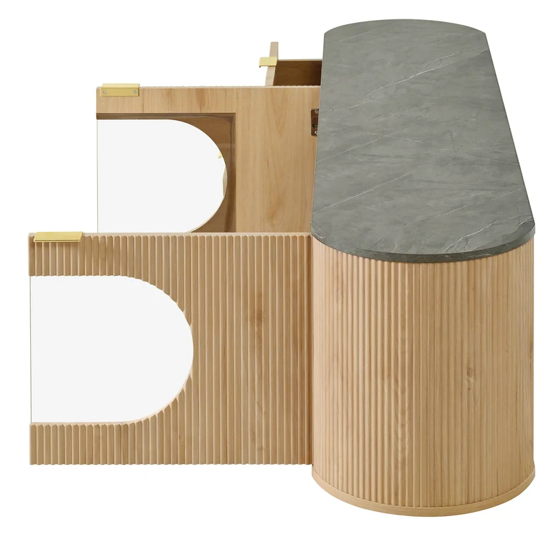 Meuble TV ovale contemporain effet bois naturel et béton gris avec vitrine 172x38x45,5 cm CASCADEPULSE