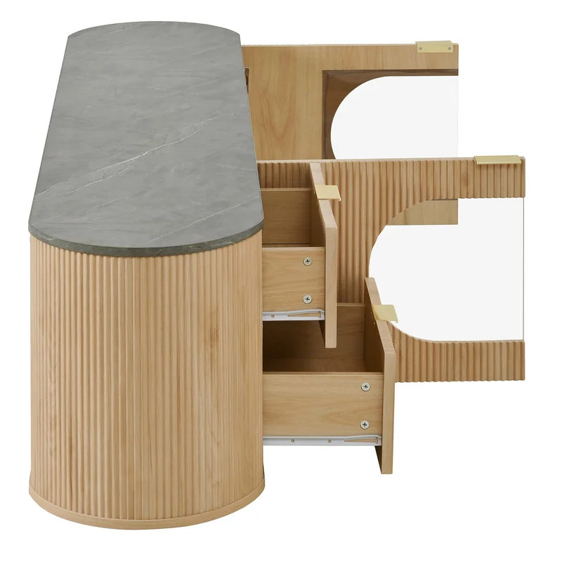 Meuble TV ovale contemporain effet bois naturel et béton gris avec vitrine 172x38x45,5 cm CASCADEPULSE
