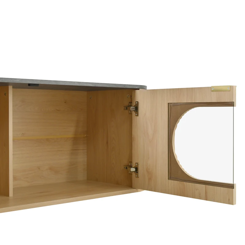 Meuble TV ovale contemporain effet bois naturel et béton gris avec vitrine 172x38x45,5 cm CASCADEPULSE