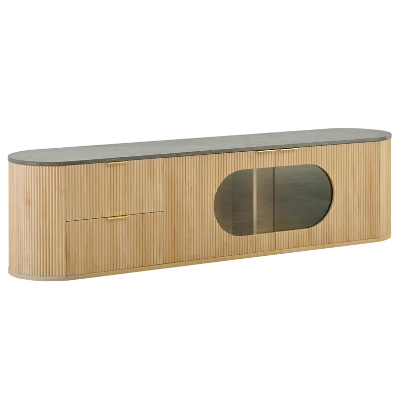 Meuble TV ovale contemporain effet bois naturel et béton gris avec vitrine 172x38x45,5 cm CASCADEPULSE