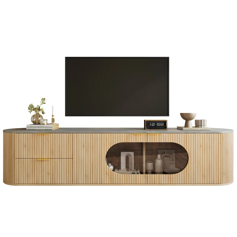 Meuble TV ovale contemporain effet bois naturel et béton gris avec vitrine 172x38x45,5 cm CASCADEPULSE
