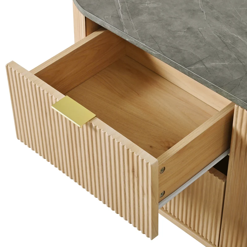 Meuble TV ovale contemporain effet bois naturel et béton gris avec vitrine 172x38x45,5 cm CASCADEPULSE