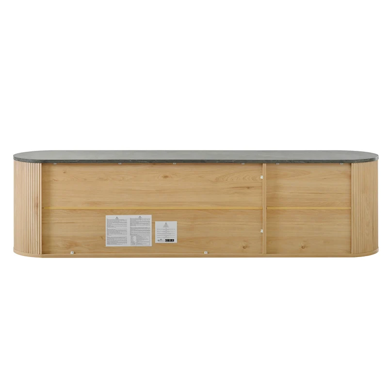 Meuble TV ovale contemporain effet bois naturel et béton gris avec vitrine 172x38x45,5 cm CASCADEPULSE