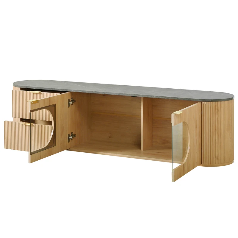 Meuble TV ovale contemporain effet bois naturel et béton gris avec vitrine 172x38x45,5 cm CASCADEPULSE