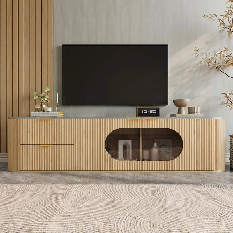 Meuble TV ovale contemporain effet bois naturel et béton gris avec vitrine 172x38x45,5 cm CASCADEPULSE