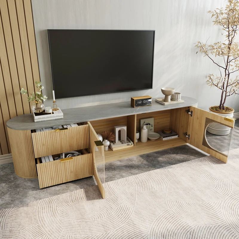 Meuble TV ovale contemporain effet bois naturel et béton gris avec vitrine 172x38x45,5 cm CASCADEPULSE