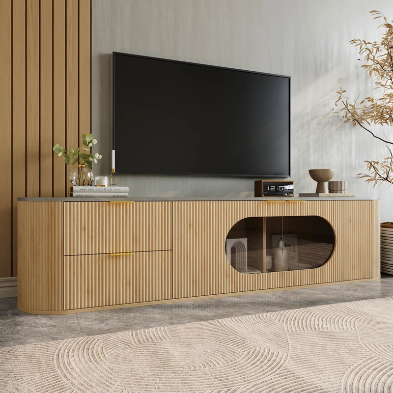 Meuble TV ovale contemporain effet bois naturel et béton gris avec vitrine 172x38x45,5 cm CASCADEPULSE