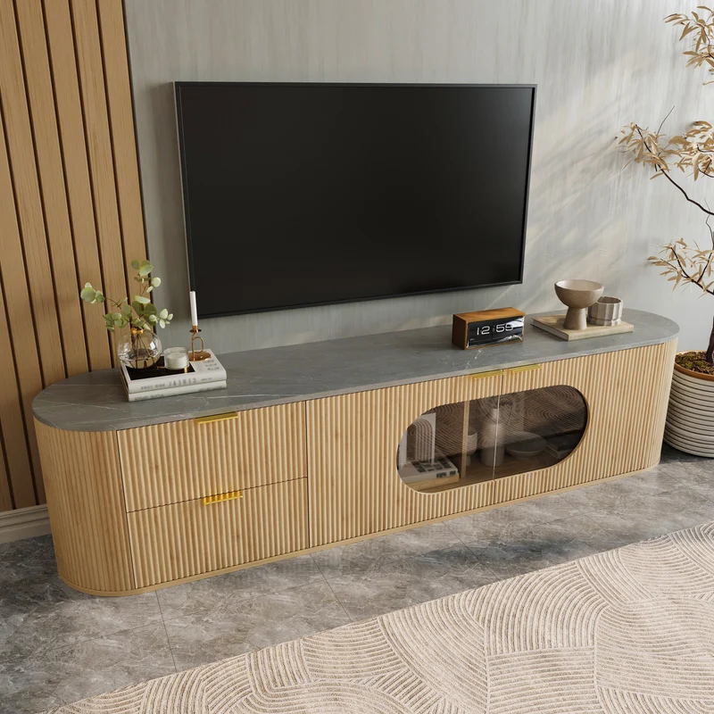 Meuble TV ovale contemporain effet bois naturel et béton gris avec vitrine 172x38x45,5 cm CASCADEPULSE
