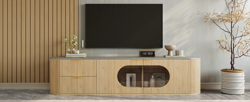 Meuble TV ovale contemporain effet bois naturel et béton gris avec vitrine 172x38x45,5 cm CASCADEPULSE