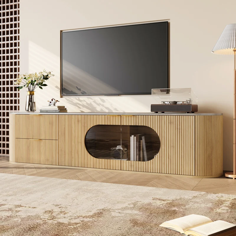 Meuble TV ovale contemporain effet bois naturel et béton gris avec vitrine 172x38x45,5 cm CASCADEPULSE