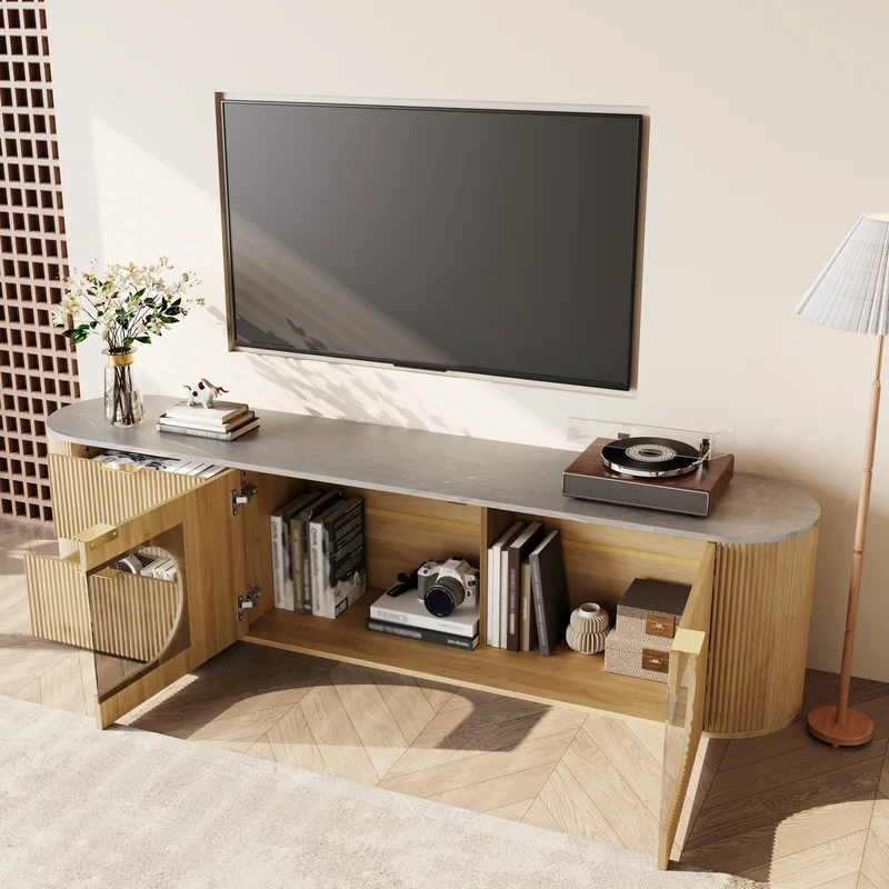 Meuble TV ovale contemporain effet bois naturel et béton gris avec vitrine 172x38x45,5 cm CASCADEPULSE