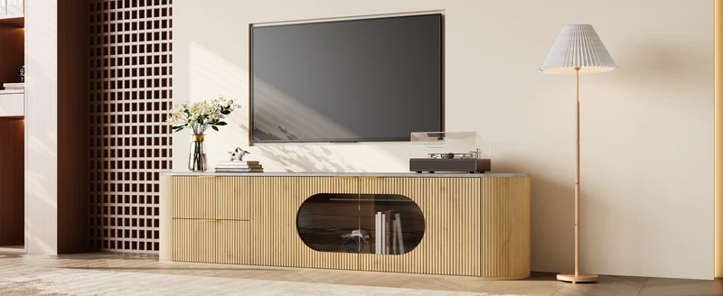 Meuble TV ovale contemporain effet bois naturel et béton gris avec vitrine 172x38x45,5 cm CASCADEPULSE