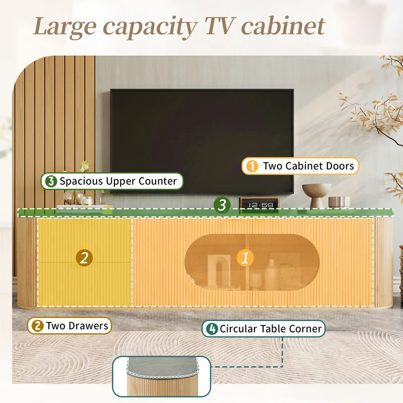 Meuble TV ovale contemporain effet bois naturel et béton gris avec vitrine 172x38x45,5 cm CASCADEPULSE