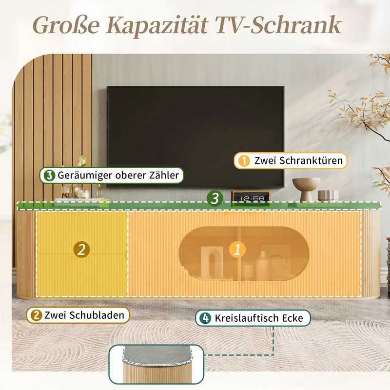 Meuble TV ovale contemporain effet bois naturel et béton gris avec vitrine 172x38x45,5 cm CASCADEPULSE