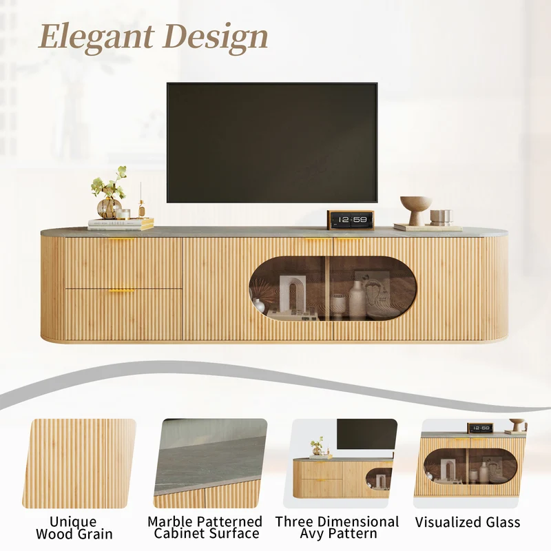 Meuble TV ovale contemporain effet bois naturel et béton gris avec vitrine 172x38x45,5 cm CASCADEPULSE