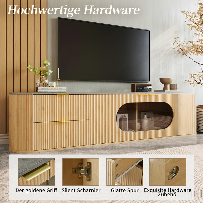 Meuble TV ovale contemporain effet bois naturel et béton gris avec vitrine 172x38x45,5 cm CASCADEPULSE