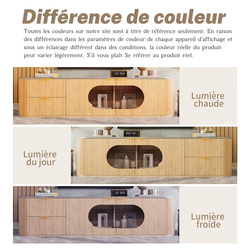 Meuble TV ovale contemporain effet bois naturel et béton gris avec vitrine 172x38x45,5 cm CASCADEPULSE
