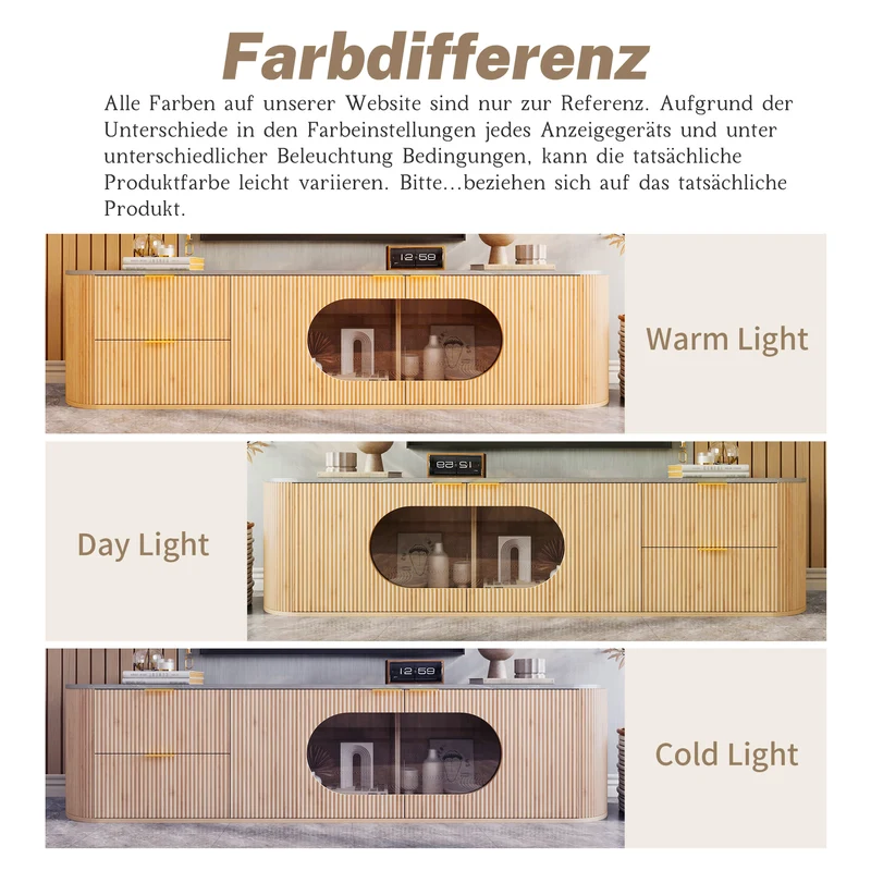 Meuble TV ovale contemporain effet bois naturel et béton gris avec vitrine 172x38x45,5 cm CASCADEPULSE