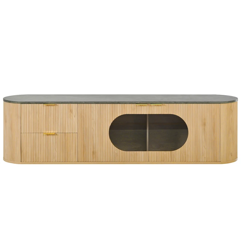Meuble TV ovale contemporain effet bois naturel et béton gris avec vitrine 172x38x45,5 cm CASCADEPULSE