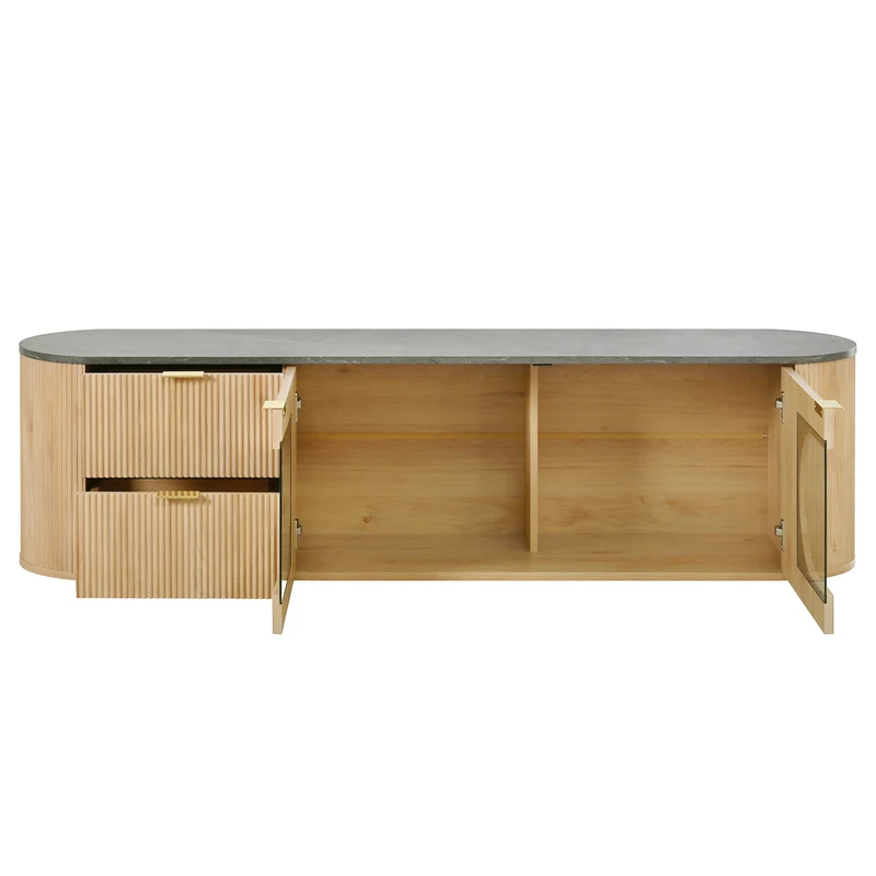 Meuble TV ovale contemporain effet bois naturel et béton gris avec vitrine 172x38x45,5 cm CASCADEPULSE