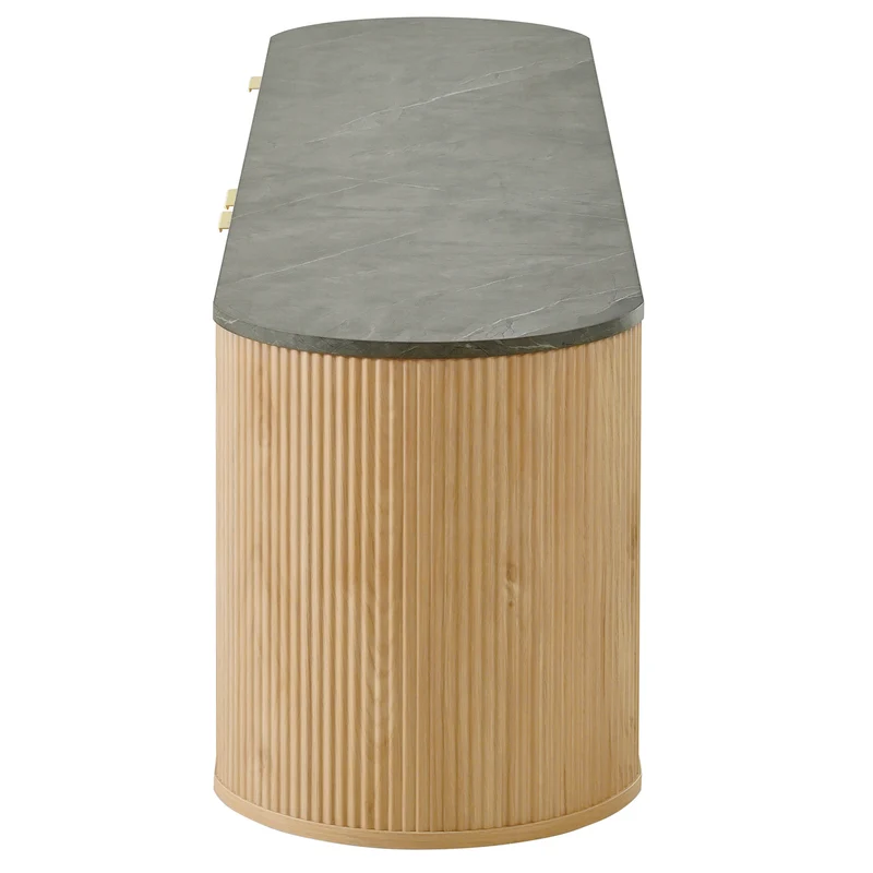 Meuble TV ovale contemporain effet bois naturel et béton gris avec vitrine 172x38x45,5 cm CASCADEPULSE