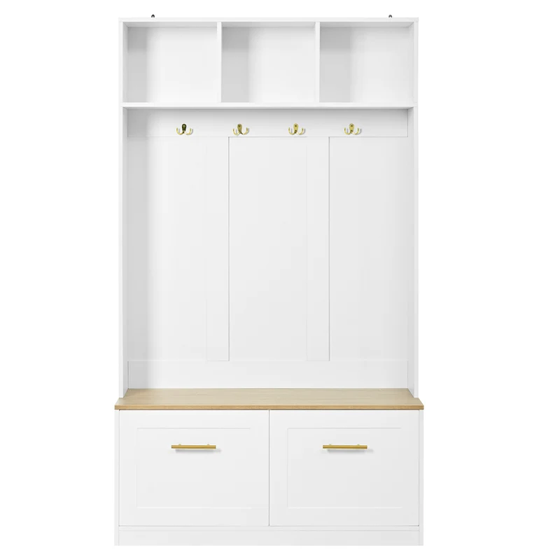 Vestiaire à l'entrée blanc compacte avec banc, rangement ouvert et 2 portes 105x40x180cm MERIDIANSOL