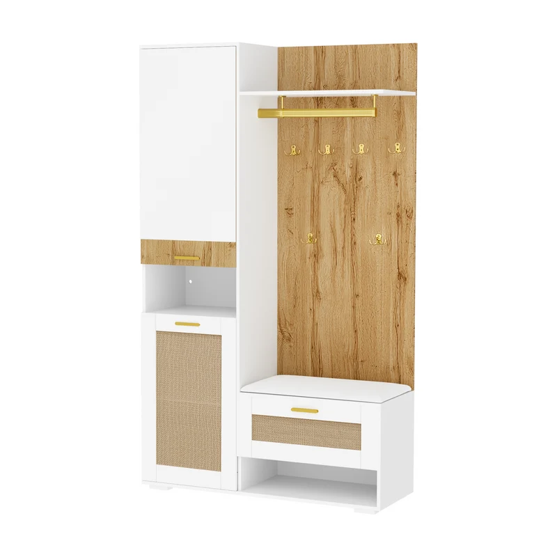 Vestiaire à l'entrée blanc effet bois avec miroir, éclairage LED et patères dorées ELEGANT SPHERE