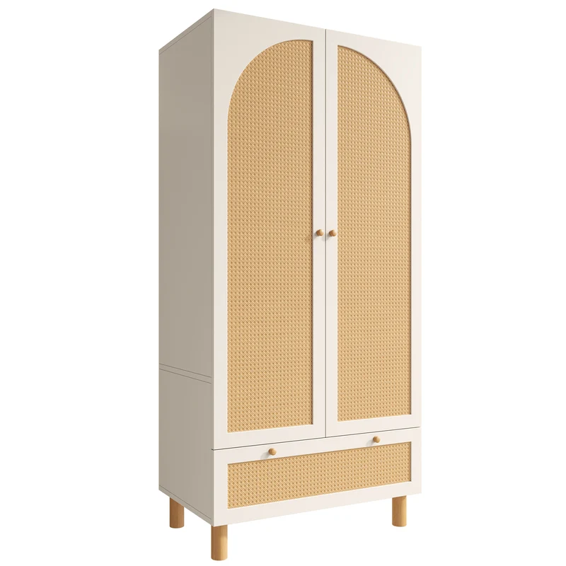 Armoire style champêtre 2 portes et tiroir en rotin, penderie et étagères ajustables SCALE
