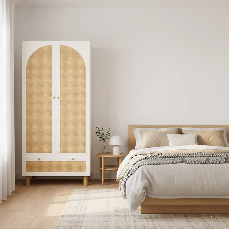 Armoire style champêtre 2 portes et tiroir en rotin, penderie et étagères ajustables SCALE