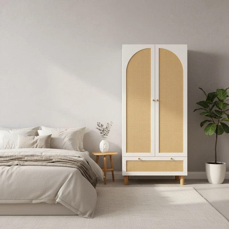 Armoire style champêtre 2 portes et tiroir en rotin, penderie et étagères ajustables SCALE
