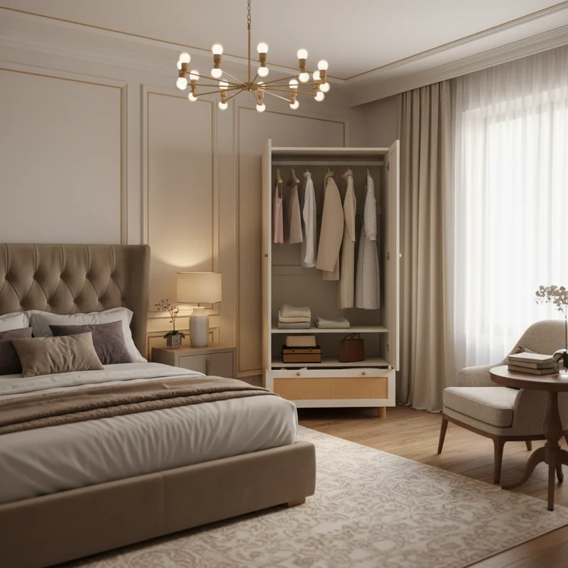 Armoire style champêtre 2 portes et tiroir en rotin, penderie et étagères ajustables SCALE