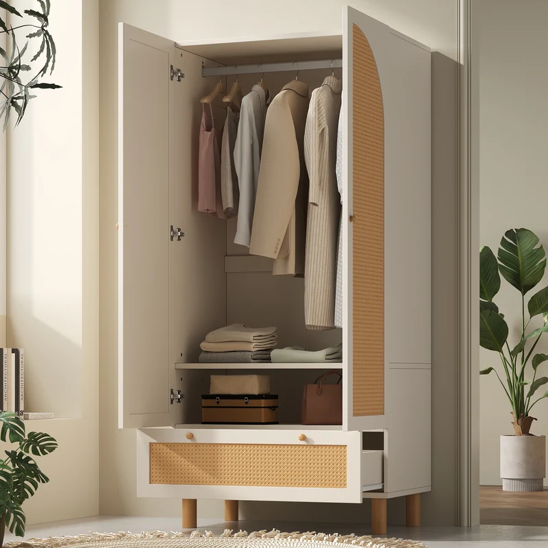 Armoire style champêtre 2 portes et tiroir en rotin, penderie et étagères ajustables SCALE
