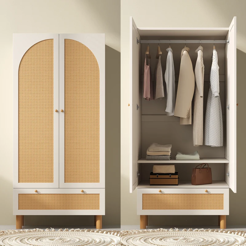 Armoire style champêtre 2 portes et tiroir en rotin, penderie et étagères ajustables SCALE
