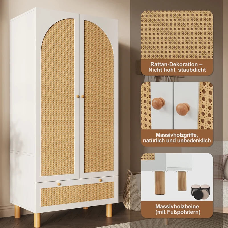 Armoire style champêtre 2 portes et tiroir en rotin, penderie et étagères ajustables SCALE