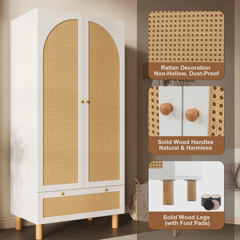 Armoire style champêtre 2 portes et tiroir en rotin, penderie et étagères ajustables SCALE