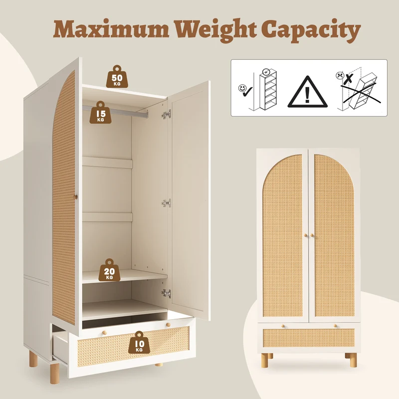 Armoire style champêtre 2 portes et tiroir en rotin, penderie et étagères ajustables SCALE