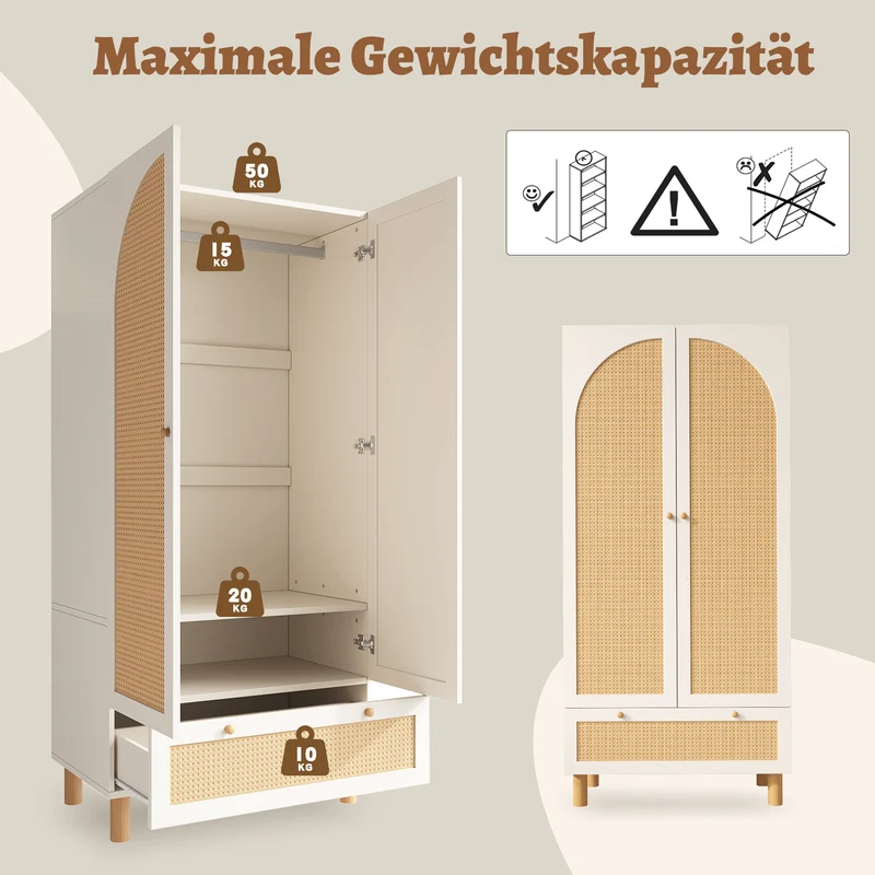 Armoire style champêtre 2 portes et tiroir en rotin, penderie et étagères ajustables SCALE