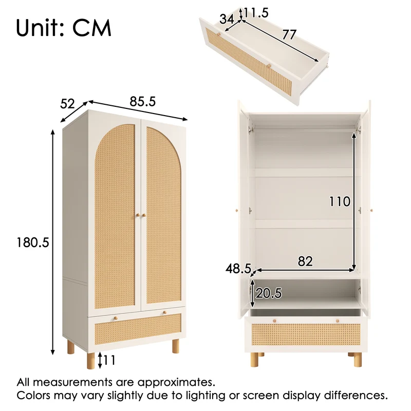 Armoire style champêtre 2 portes et tiroir en rotin, penderie et étagères ajustables SCALE