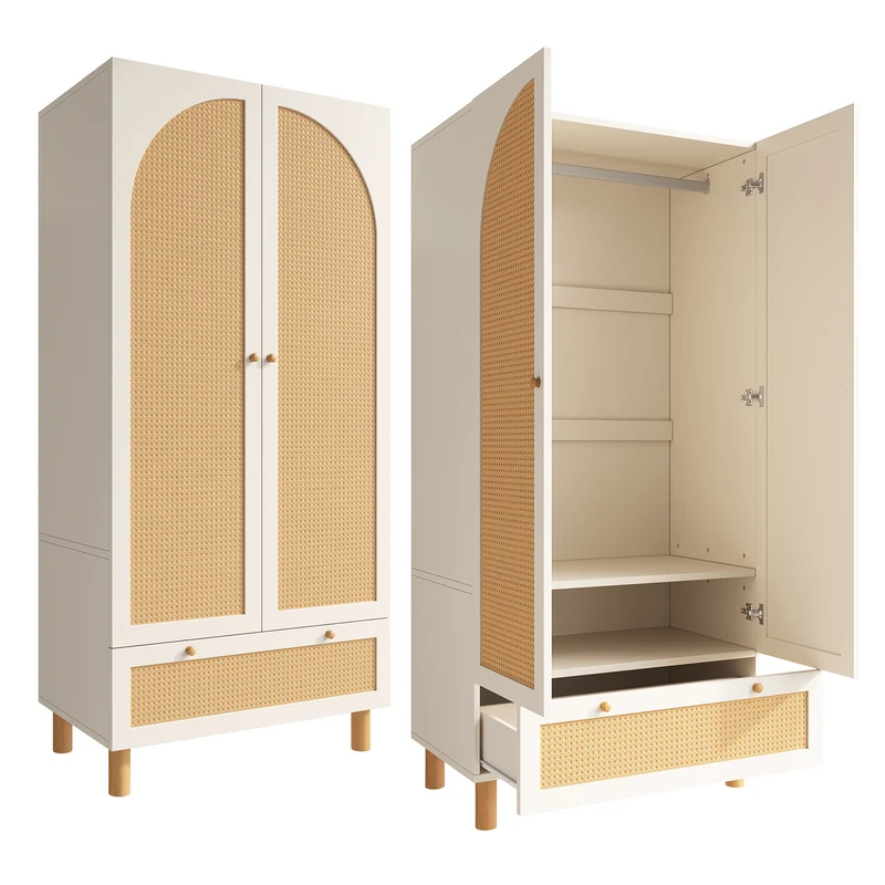 Armoire style champêtre 2 portes et tiroir en rotin, penderie et étagères ajustables SCALE