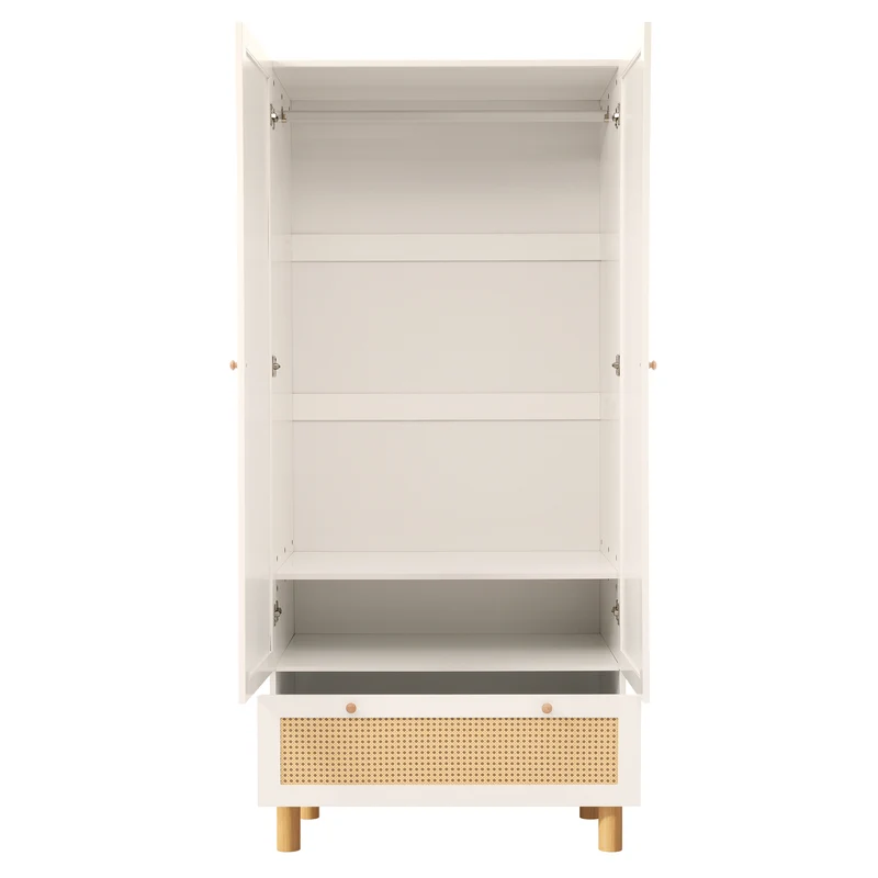 Armoire style champêtre 2 portes et tiroir en rotin, penderie et étagères ajustables SCALE