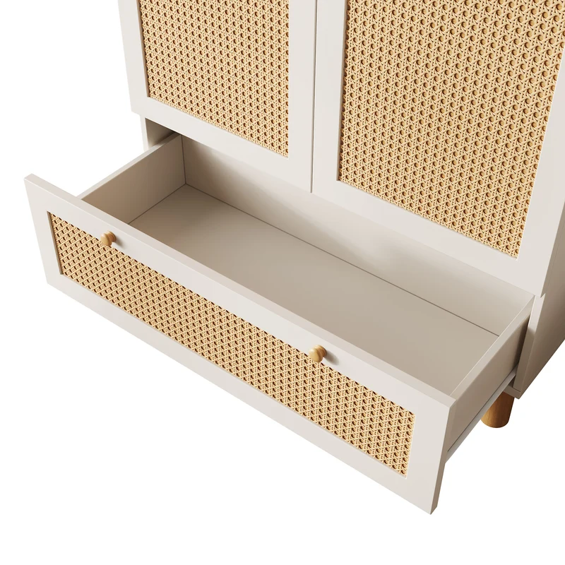 Armoire style champêtre 2 portes et tiroir en rotin, penderie et étagères ajustables SCALE