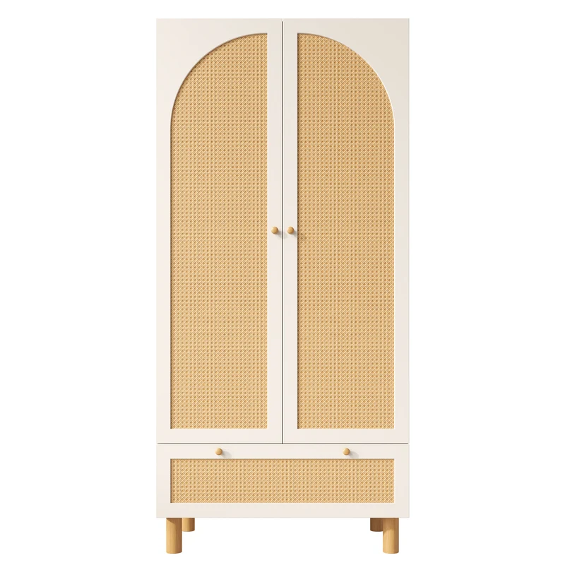 Armoire style champêtre 2 portes et tiroir en rotin, penderie et étagères ajustables SCALE