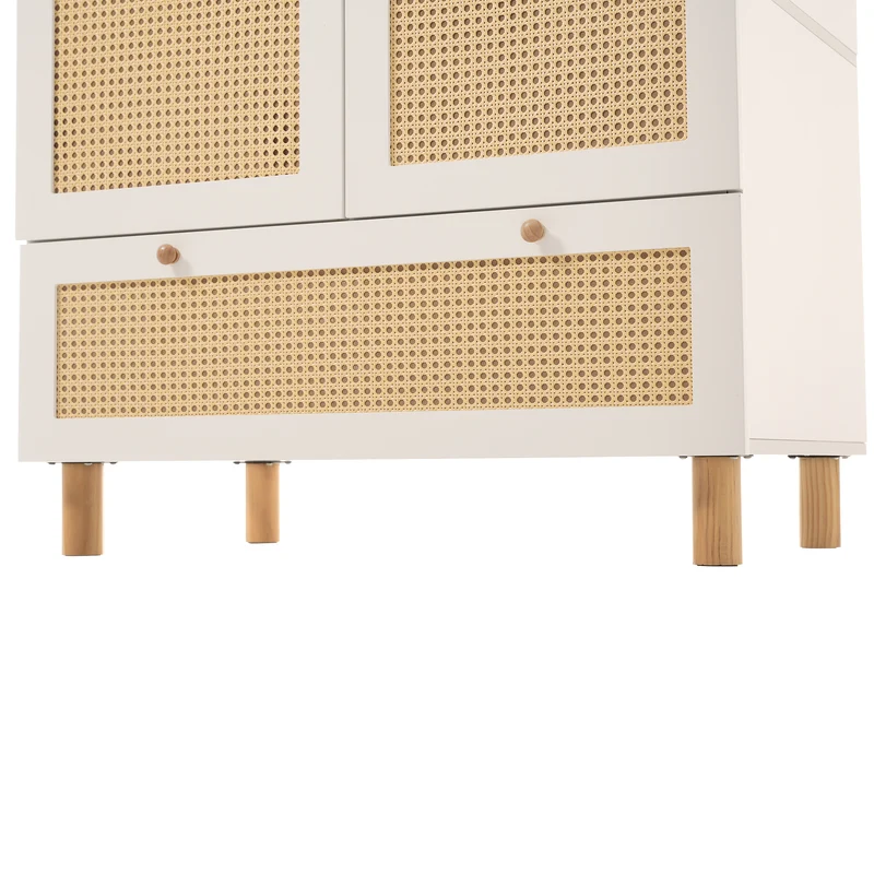 Armoire style champêtre 2 portes et tiroir en rotin, penderie et étagères ajustables SCALE