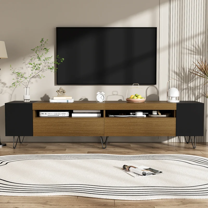 Meuble TV noir et effet bois 2 porte battantes étagère ouvertes cotés 180*36*43cm VRALXID