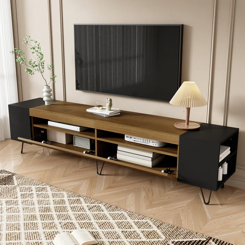 Meuble TV noir et effet bois 2 porte battantes étagère ouvertes cotés 180*36*43cm VRALXID