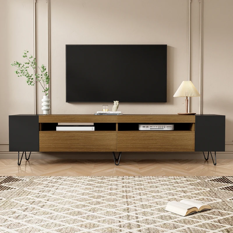 Meuble TV noir et effet bois 2 porte battantes étagère ouvertes cotés 180*36*43cm VRALXID