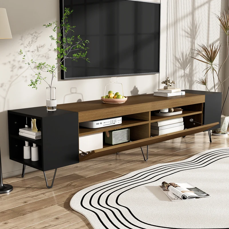 Meuble TV noir et effet bois 2 porte battantes étagère ouvertes cotés 180*36*43cm VRALXID