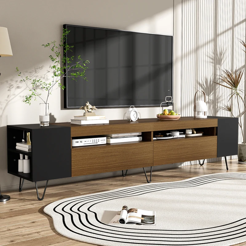 Meuble TV noir et effet bois 2 porte battantes étagère ouvertes cotés 180*36*43cm VRALXID